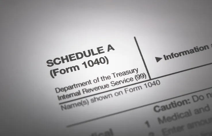 Close-up of an IRS Schedule A (Form 1040) tax form