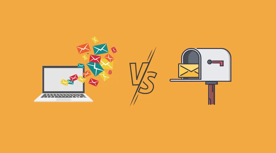 Illustration of a laptop emailing envelopes versus a physical mailbox